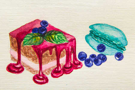 a piece of sponge cake with raspberry sauce and blueberries and macaronの写真素材