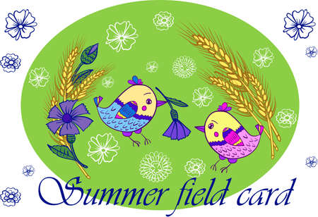 Summer card with birds and flowers in the field vector illustrationのイラスト素材