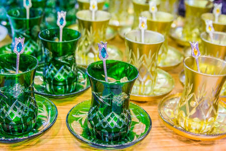background Many glass cups of Turkish tea at the bazaar in Istanbulの写真素材