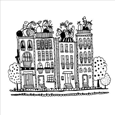 house with fruits and berries on the roof graphic vector illustrationのイラスト素材