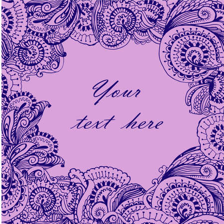 stylish frame with dark doodle patterns in oriental style on a light purple backgroundのイラスト素材