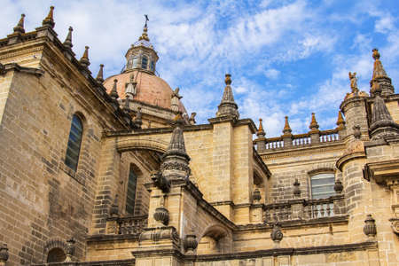 background view of the monument of ancient architecture Cathedral of Jerez de la Frontera in Andalusia, Spainの写真素材