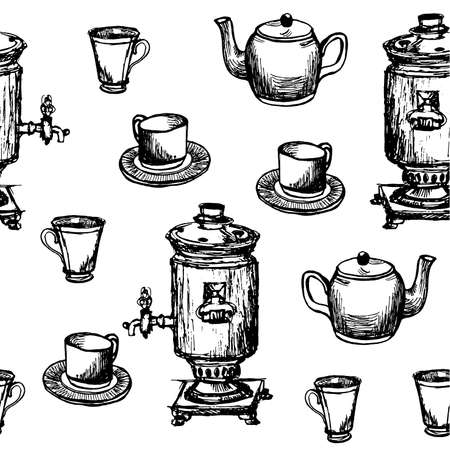Seamless background pattern hand drawn samovar, teapot and cups graphic black vector illustrationのイラスト素材