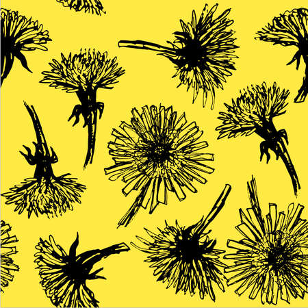 Background seamless pattern of hand drawn sketch of blooming dandelions on yellow background vector illustrationのイラスト素材