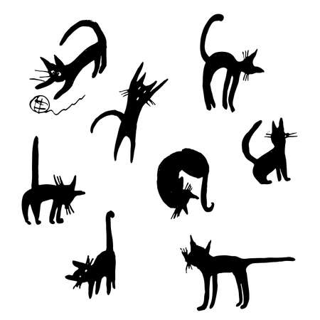 funny cat hand drawn sketch silhouette set vector illustrationのイラスト素材