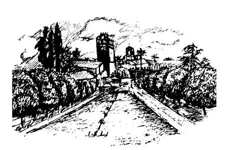 drawing of the Alcazar garden and Alcazar in Cordoba, Andalucia hand drawn sketch vector illustrationのイラスト素材