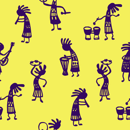 background seamless pattern African men musicians with tools on a yellow background sketch Doodle Vector Illustrationのイラスト素材