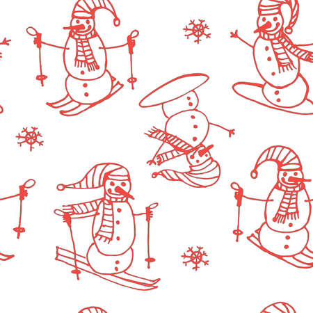 red background seamless pattern of snowmen go skiing and snowboarding contour cartoon のイラスト素材