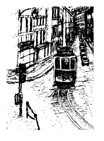 background view graphic cityscape Lisbon tramのイラスト素材