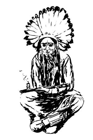 drawing an old Indian is sitting sketch illustrationのイラスト素材