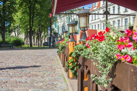 background view of the street in the old town of Rigaの写真素材