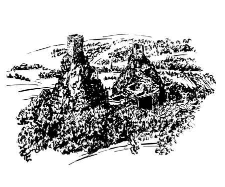 drawing landscape view of the ruins of Trosky castle in Bohemian Paradise, Czech Republic, sketch, hand-drawn vector illustrationのイラスト素材