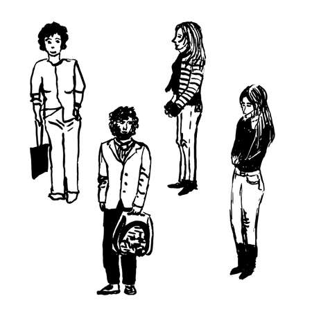 Drawing set of four figures of urban residents on the street, men and women, sketch, hand-drawn vector illustrationのイラスト素材