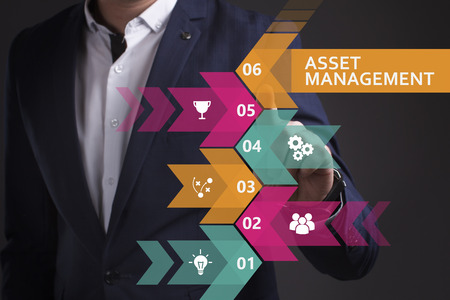 Business, Technology, Internet and network concept. Young businessman working on a virtual screen of the future and sees the inscription: Asset managementの写真素材