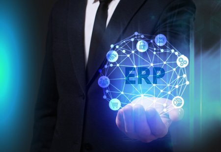 Business, Technology, Internet and network concept. Young businessman working on a virtual screen of the future and sees the inscription: ERPの写真素材