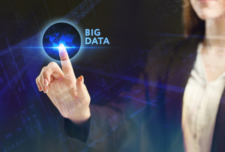 The concept of business, technology, the Internet and the network. A young entrepreneur working on a virtual screen of the future and sees the inscription: Big dataの写真素材