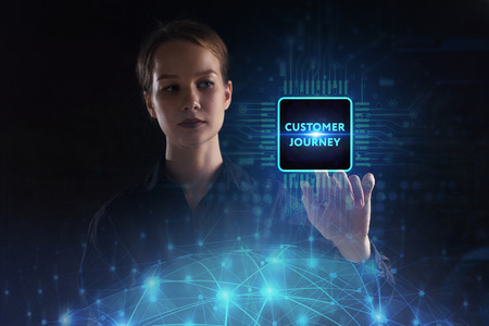 The concept of business, technology, the Internet and the network. A young entrepreneur working on a virtual screen of the future and sees the inscription: Customer journeyの写真素材