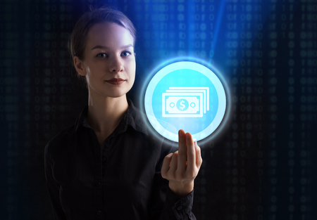 The concept of business, technology, the Internet and the network. A young entrepreneur working on a virtual screen of the future and sees the inscription: moneyの写真素材