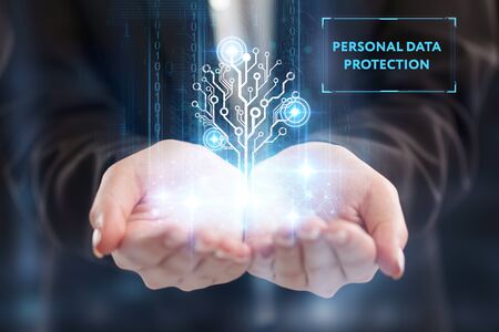 The concept of business, technology, the Internet and the network. A young entrepreneur working on a virtual screen of the future and sees the inscription: Personal data protectionの写真素材