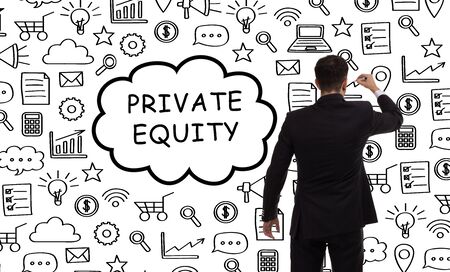 Business, technology, internet and networking concept. Young entrepreneur showing keyword: Private equityの写真素材