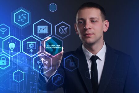 Business, Technology, Internet and network concept. Young businessman working on a virtual screen of...