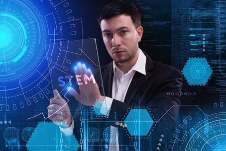Business, Technology, Internet and network concept. Young businessman working on a virtual screen of...