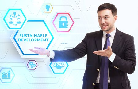 Business, Technology, Internet and network concept. Young businessman working on a virtual screen of...