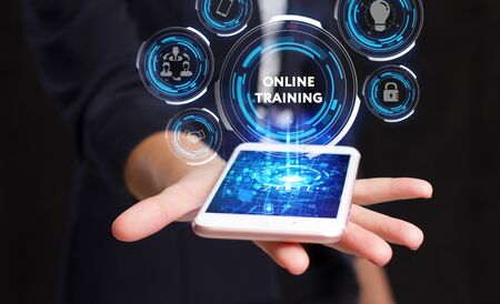 Business, Technology, Internet and network concept. Young businessman working on a virtual screen of...