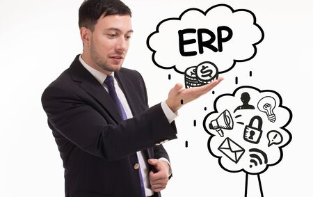 Business, technology, internet and network concept. Young businessman thinks over the steps for successful growth: ERPの写真素材