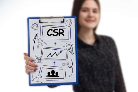Business, technology, internet and network concept. Young businessman thinks over the steps for successful growth: CSRの写真素材