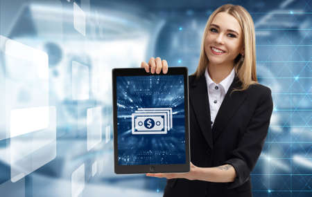 Business, Technology, Internet and network concept. Young businessman working on a virtual screen of the future and sees the inscription:の写真素材