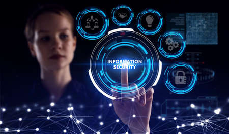 Business, Technology, Internet and network concept. Young businessman working on a virtual screen of the future and sees the inscription:の写真素材