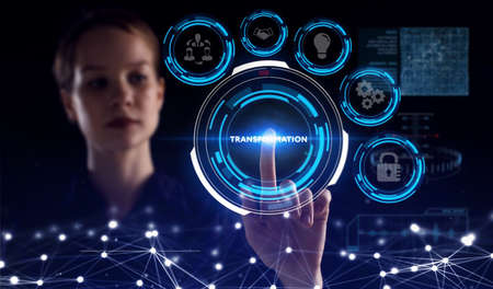 Business, Technology, Internet and network concept. Young businessman working on a virtual screen of the future and sees the inscription:の写真素材