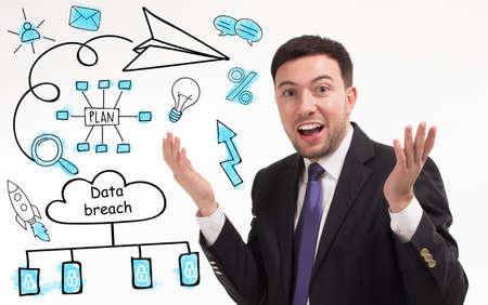 Business, technology, internet and network concept. Young businessman thinks over the steps for successful growth: Data breachの写真素材