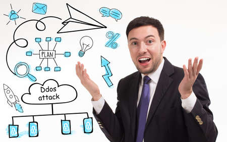 Business, technology, internet and network concept. Young businessman thinks over the steps for successful growth: Ddos attackの写真素材