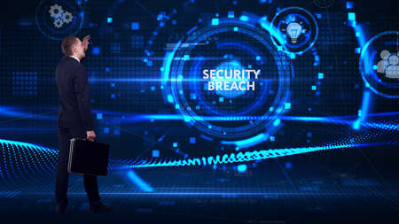 Business, technology, internet and network concept. Young businessman thinks over the steps for successful growth: Security breachの写真素材