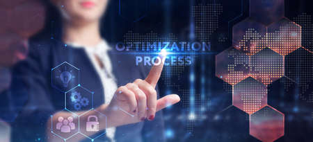 Business, technology, internet and network concept. Young businessman thinks over the steps for successful growth: Optimization processの写真素材