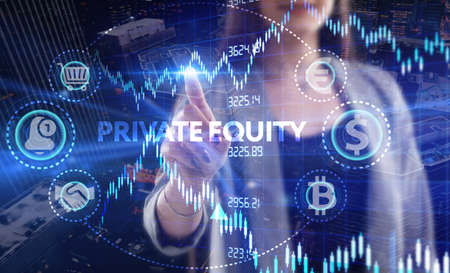 Business, Technology, Internet and network concept. Young businessman working on a virtual screen of the future and sees the inscription: Private equityの写真素材