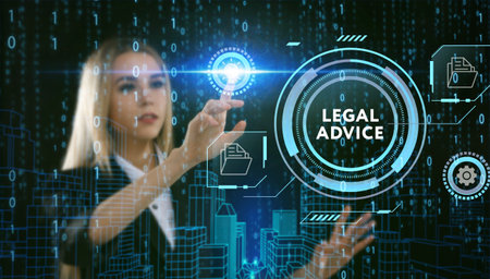 Business, Technology, Internet and network concept. Young businessman working on a virtual screen of the future and sees the inscription: Legal adviceの写真素材