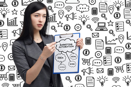 Business, technology, internet and network concept. Young businessman thinks over the steps for successful growth: Marketing automationの写真素材