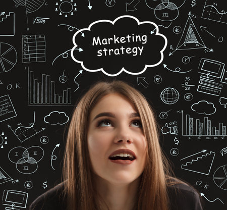 Business, technology, internet and network concept. Young businessman thinks over the steps for successful growth: Marketing strategyの写真素材