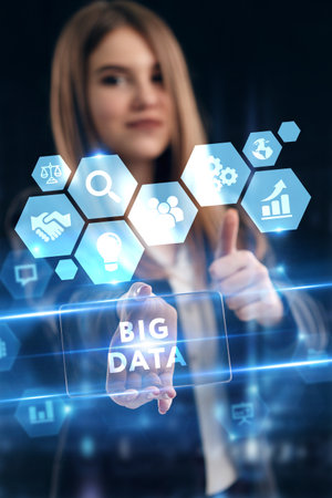 Business, Technology, Internet and network concept. Young businessman working on a virtual screen of the future and sees the inscription: Big dataの写真素材