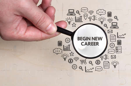 Business, technology, internet and network concept. Young businessman thinks over the steps for successful growth: Begin new careerの写真素材