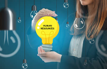 Business, technology, internet and network concept. Young businessman thinks over the steps for successful growth: Human resourcesの写真素材