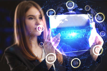 Business, Technology, Internet and network concept. Young businessman working on a virtual screen of the future and sees the inscription: Customer journeyの写真素材