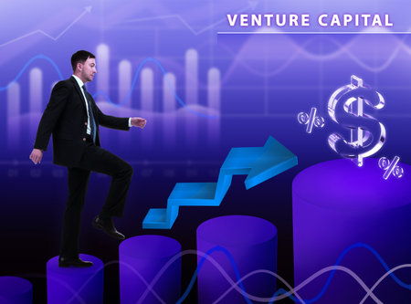 Business, technology, internet and network concept. Young businessman thinks over the steps for successful growth: Venture capitalの写真素材