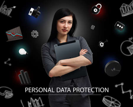Business, Technology, Internet and network concept. Young businessman working on a virtual screen of the future and sees the inscription: Personal data protectionの写真素材