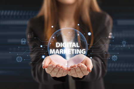 Business, Technology, Internet and network concept. Young businessman working on a virtual screen of the future and sees the inscription: Digital marketingの写真素材