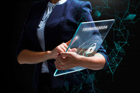 Business, Technology, Internet and network concept. Young businessman working on a virtual screen of...