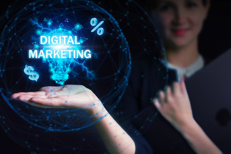 Business, Technology, Internet and network concept. Young businessman working on a virtual screen of the future and sees the inscription: Digital marketingの写真素材
